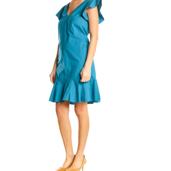 J Crew Mercantile Blue Day A-Line Cotton Dress w Flutter Sleeves & Ruffle Hem - Picture 10 of 12